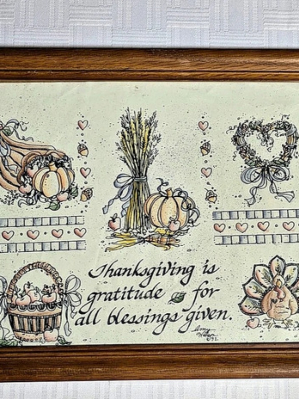 Vintage 1992 Amy Wilson Framed Thanksgiving Folk Art Print "Gratitude" Harvest